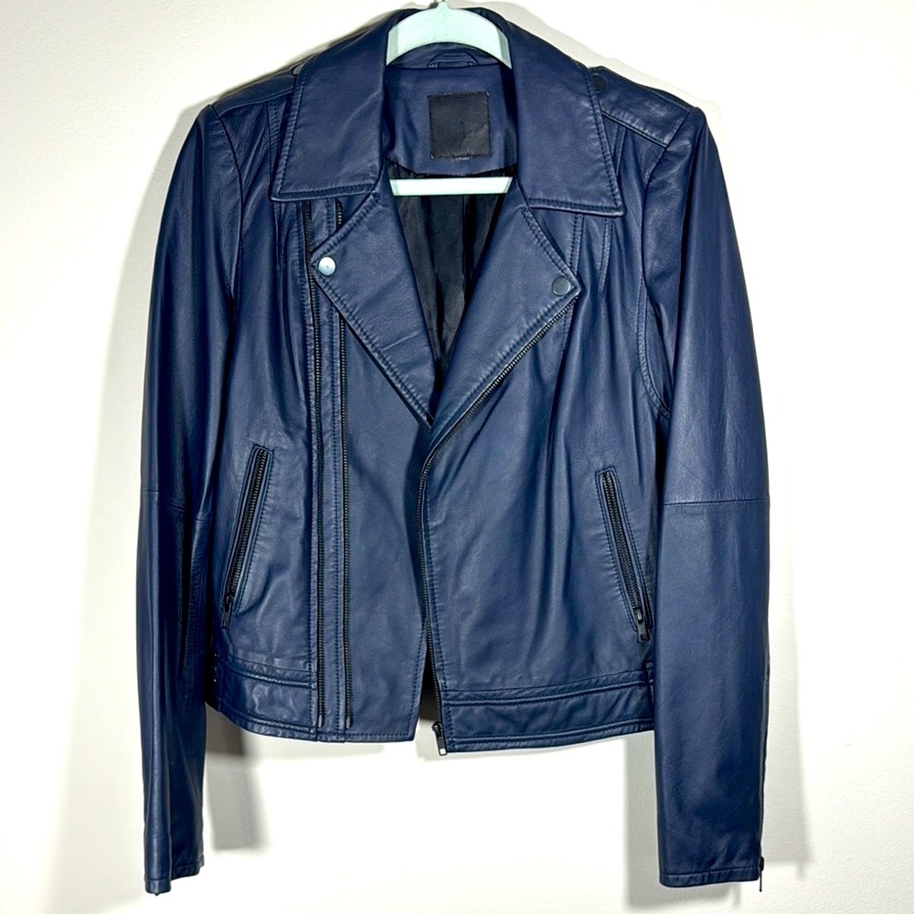 JOIE Caldine Moto Jacket Navy Blue Leather Zip Up Collared Women’s Size Medium - Picture 2 of 16